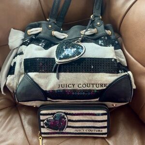 Vintage Juicy Couture Black Gray Stripe Sequin Velour Daydreamer Bag